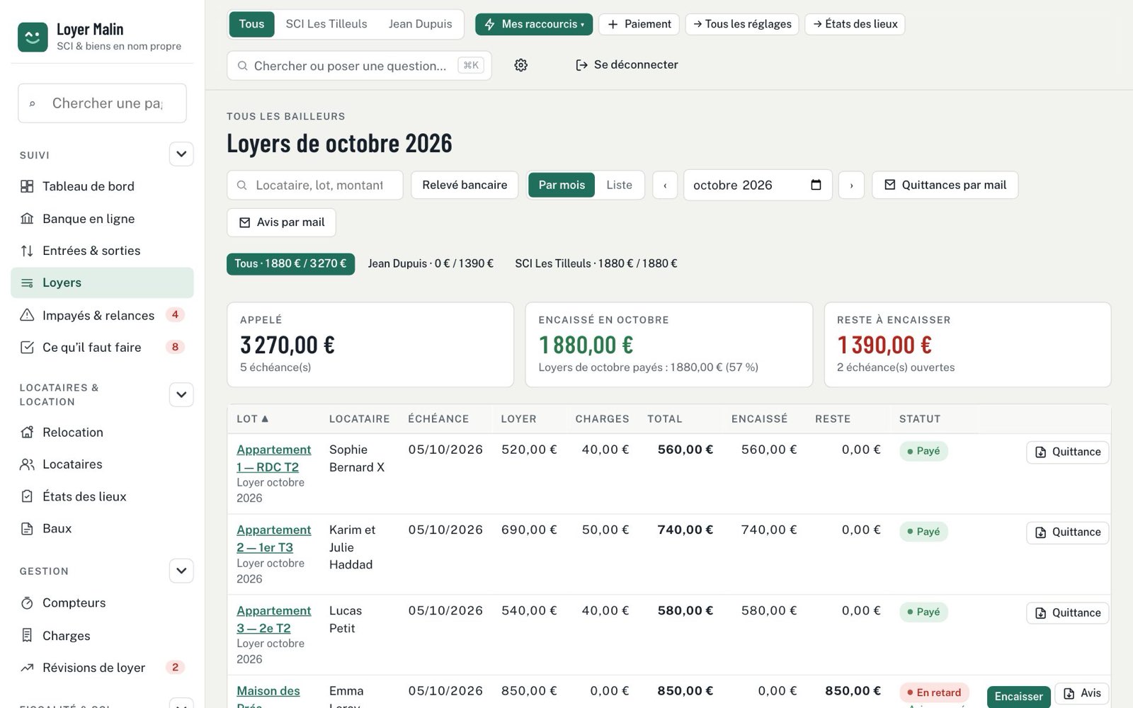 Loyers du mois : appelé, encaissé, reste à encaisser, quittances