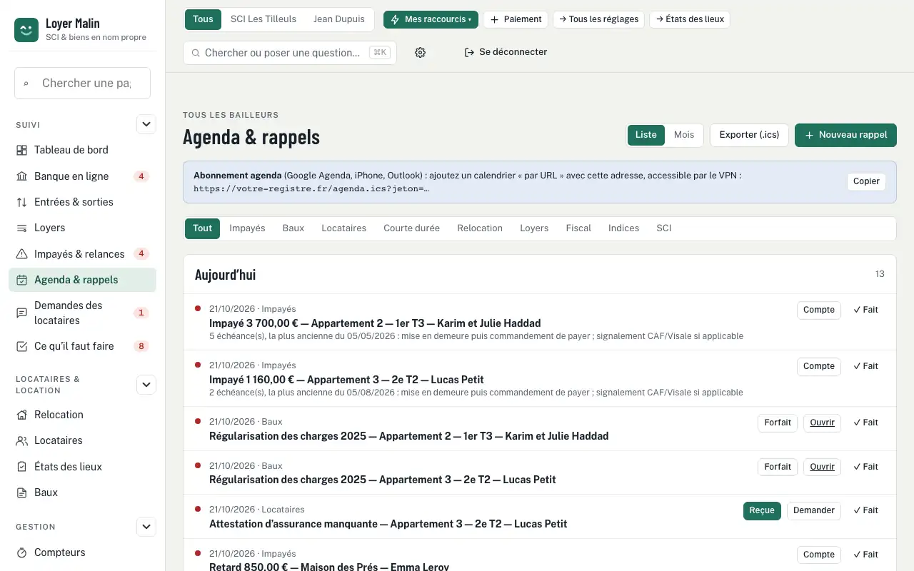 Agenda & rappels — Révision du loyer avec l’IRL : calcul et courrier automatiques