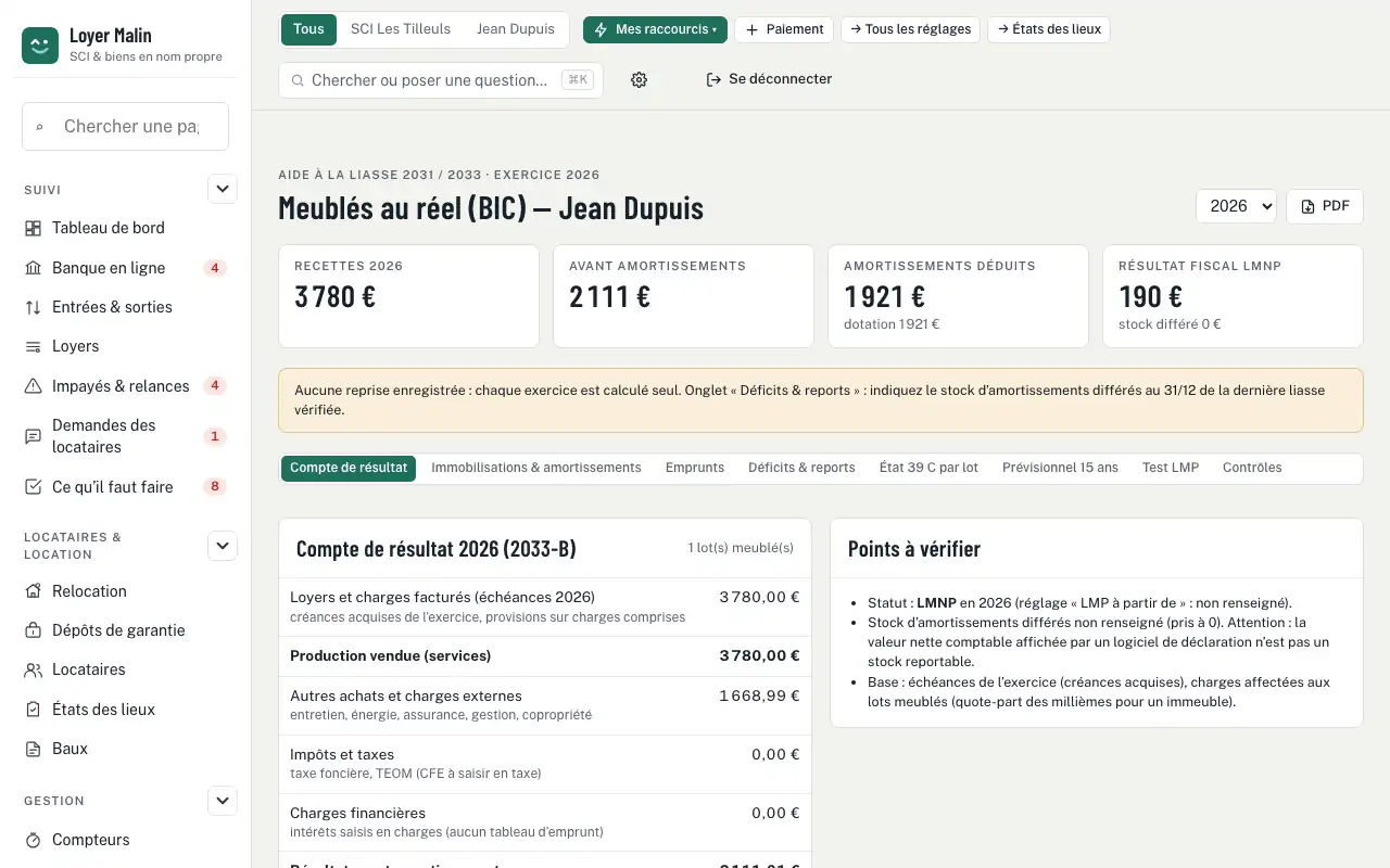 Meublés au réel (BIC) — Location meublée au réel (LMNP) : amortissements et liasse 2031