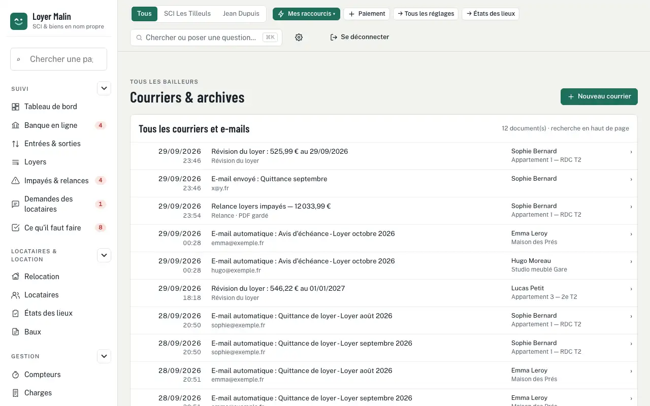 Courriers & archives — Quittance de loyer automatique, envoyée par e-mail