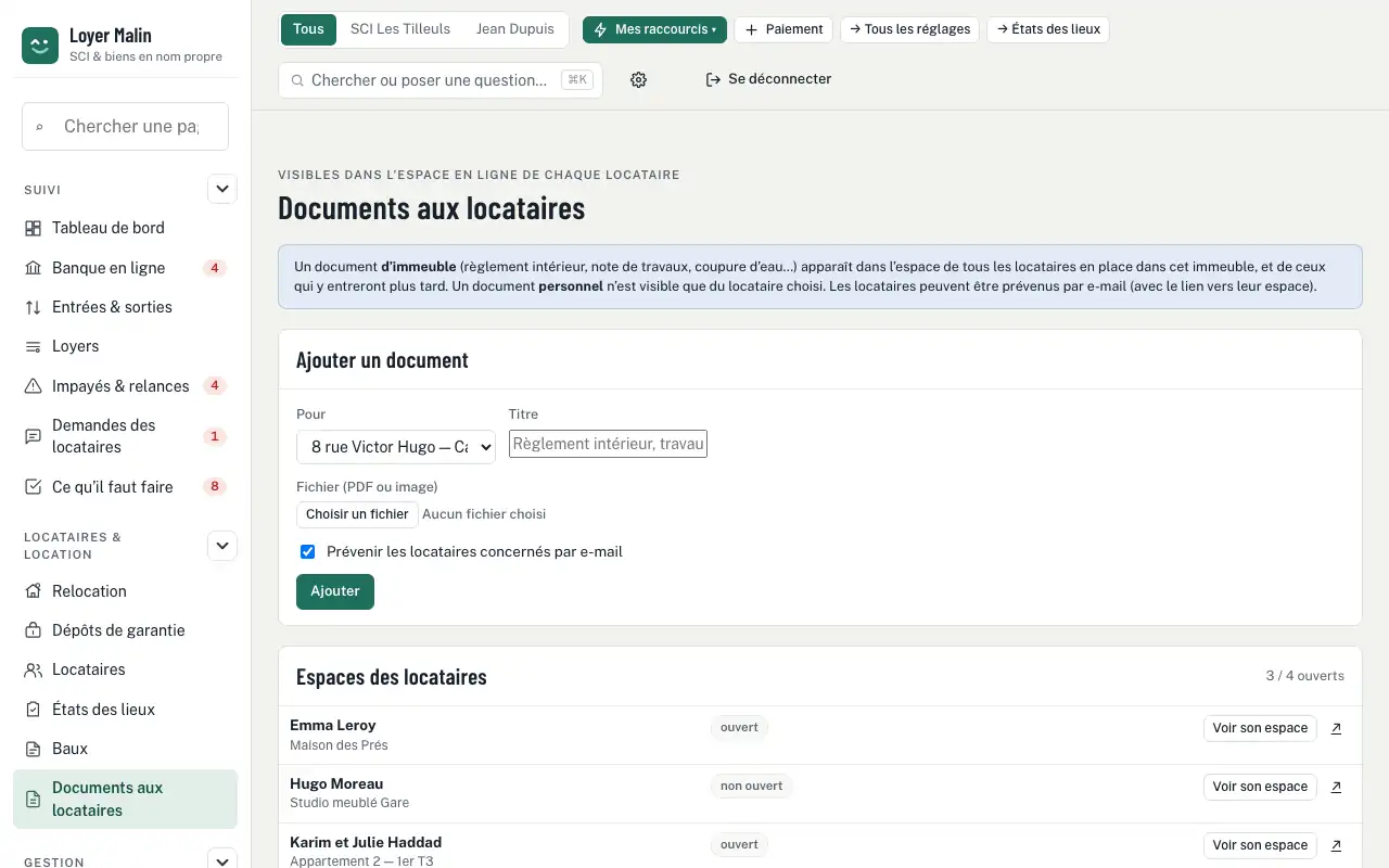 Documents aux locataires — Quittance de loyer automatique, envoyée par e-mail