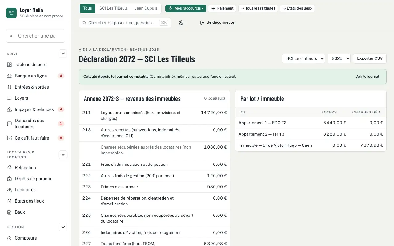 Déclarations — Déclarations 2044 et 2072 préparées depuis vos loyers