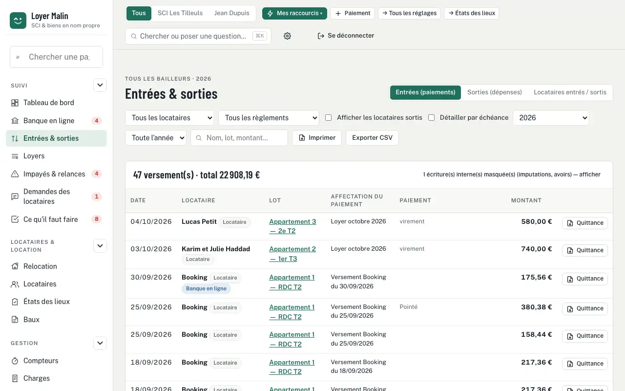 Entrées & sorties — Banque connectée : les loyers rapprochés automatiquement