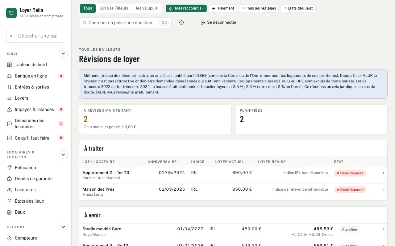 Révisions de loyer — Révision du loyer avec l’IRL : calcul et courrier automatiques
